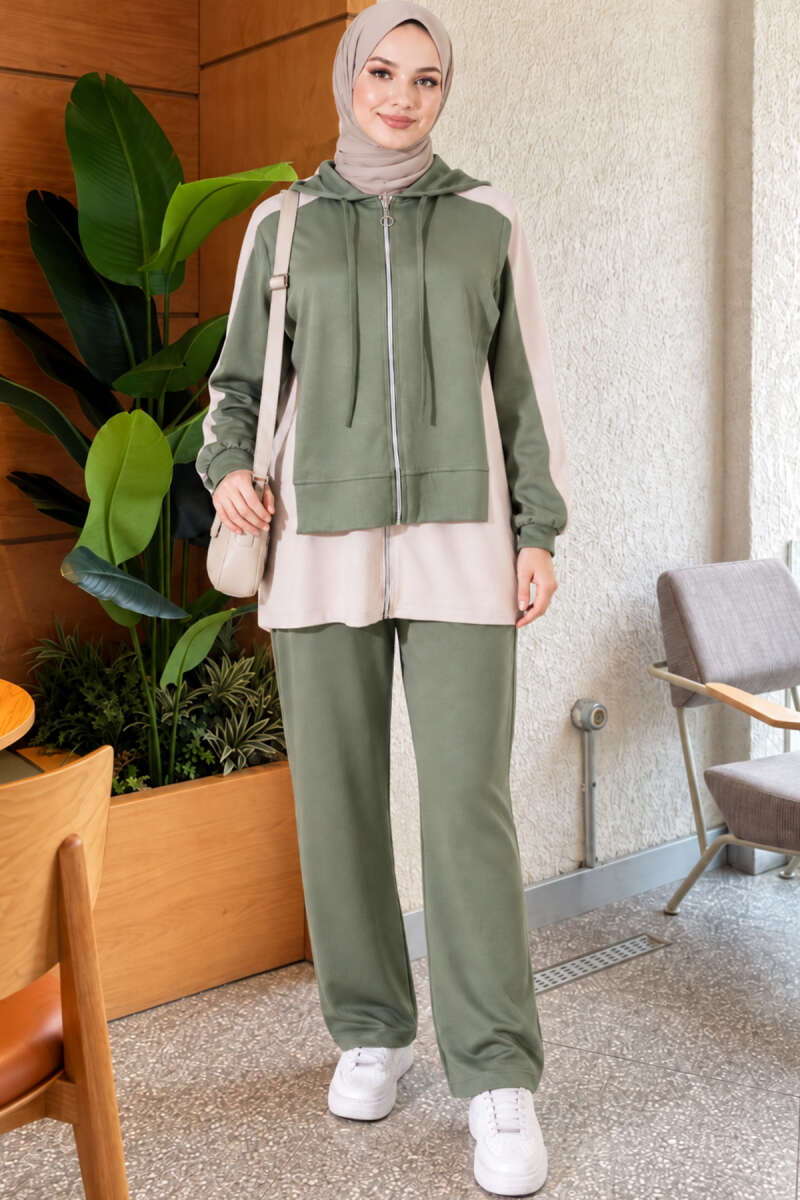 Hooded Wide-Leg Two-Piece Set - Almond Green