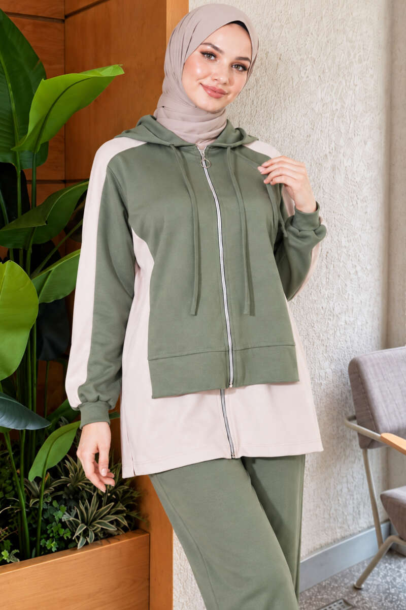 Hooded Wide-Leg Two-Piece Set - Almond Green