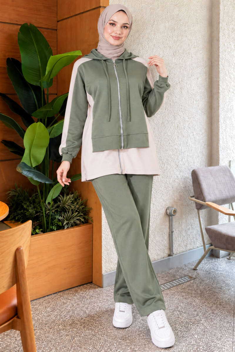 Hooded Wide-Leg Two-Piece Set - Almond Green