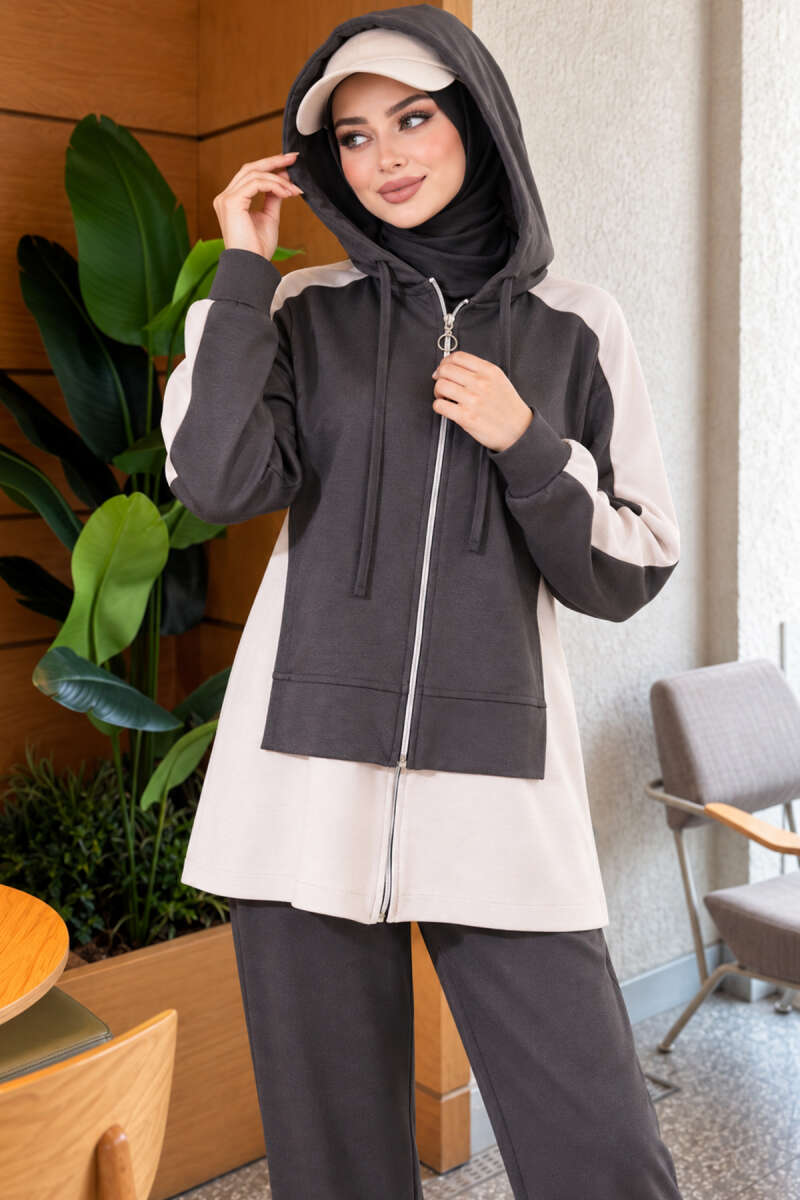 Hooded Wide-Leg Two-Piece Set - Smoke Grey