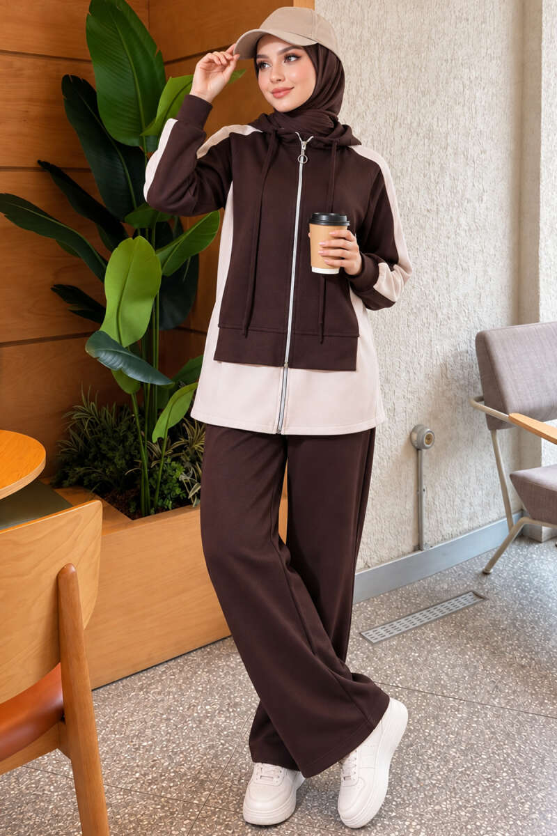 Hooded Wide-Leg Two-Piece Set - Brown