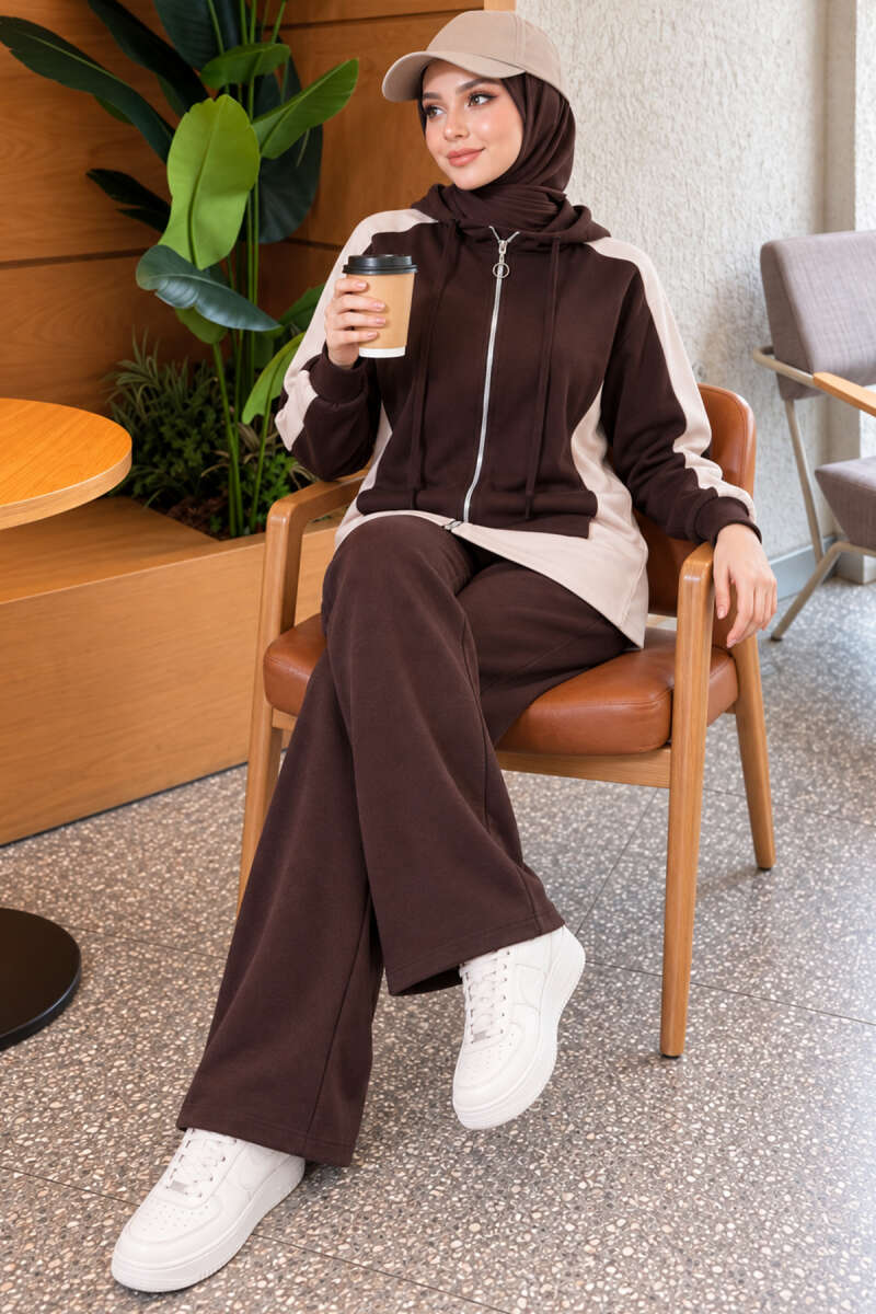 Hooded Wide-Leg Two-Piece Set - Brown