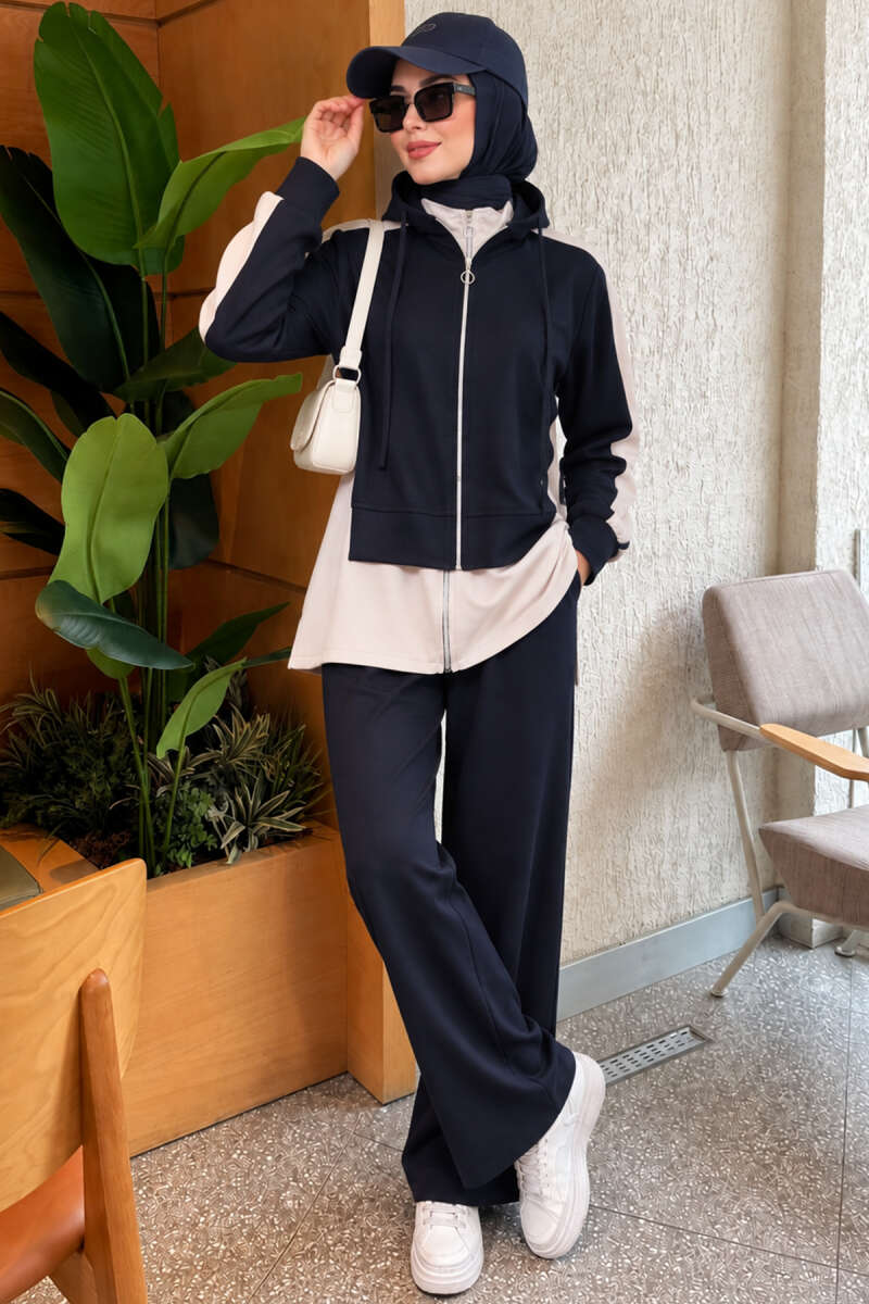 Hooded Wide-Leg Two-Piece Set - Navy