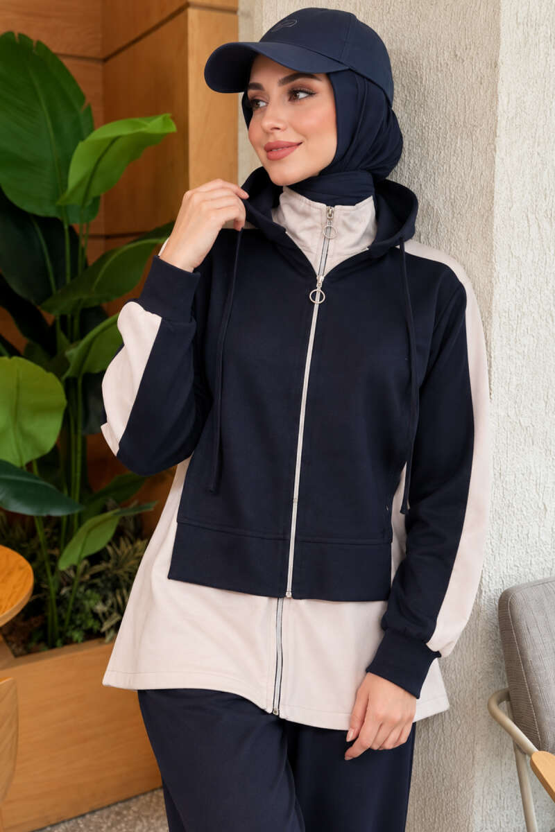 Hooded Wide-Leg Two-Piece Set - Navy