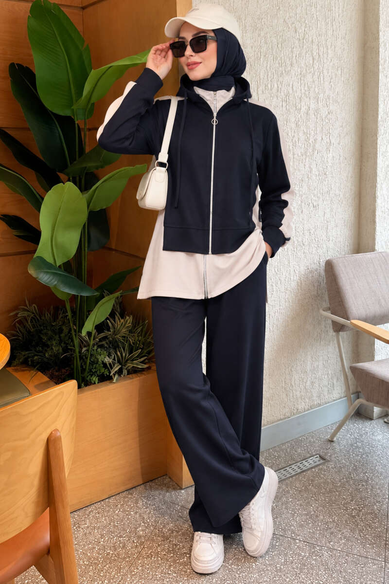 Hooded Wide-Leg Two-Piece Set - Navy