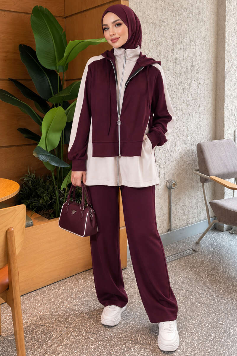 Hooded Wide-Leg Two-Piece Set - Plum
