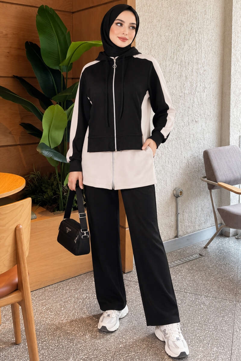 Hooded Wide-Leg Two-Piece Set - Black