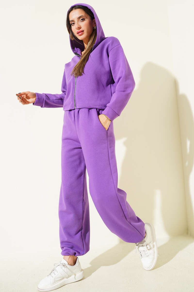 Hooded Two-Piece Set with Trim - Violet
