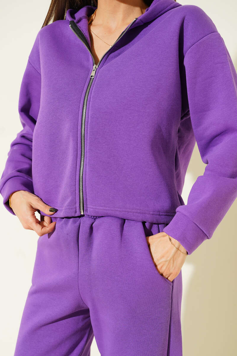 Hooded Two-Piece Set with Trim - Violet