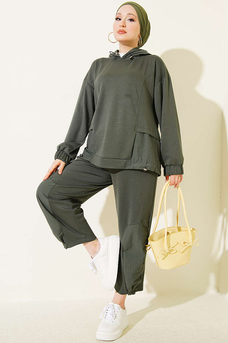 Hooded Harem Pants Two-Piece Set with Trim - Khaki