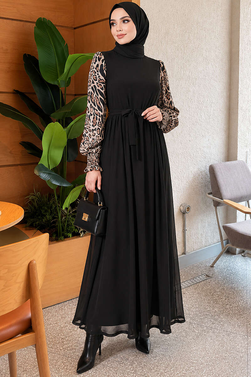 Patterned Chiffon Dress with Trimmed Sleeves - Leopard