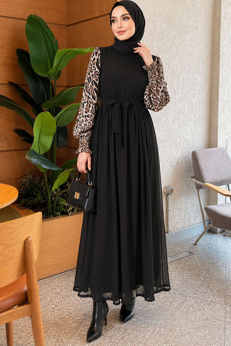 Patterned Chiffon Dress with Trimmed Sleeves - Leopard