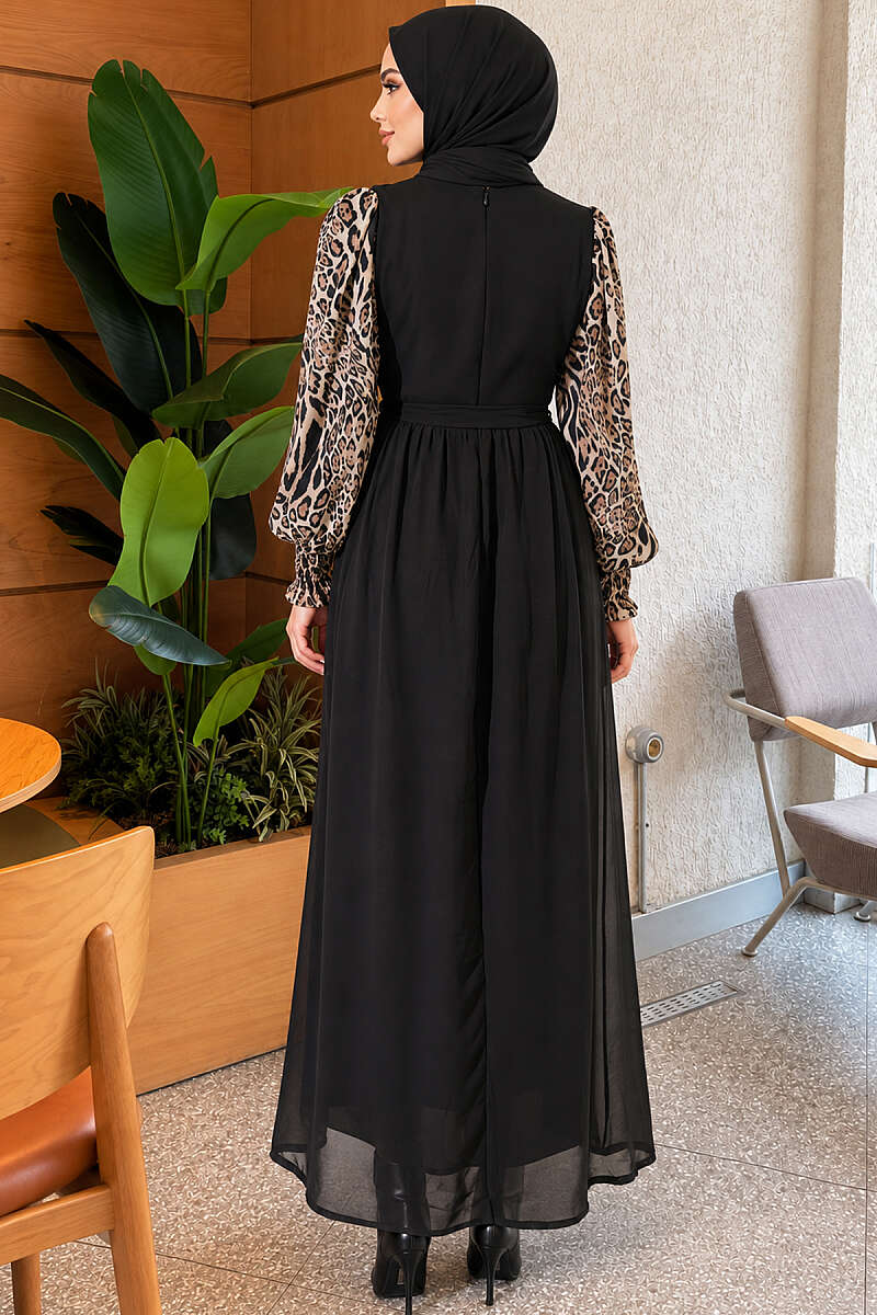 Patterned Chiffon Dress with Trimmed Sleeves - Leopard