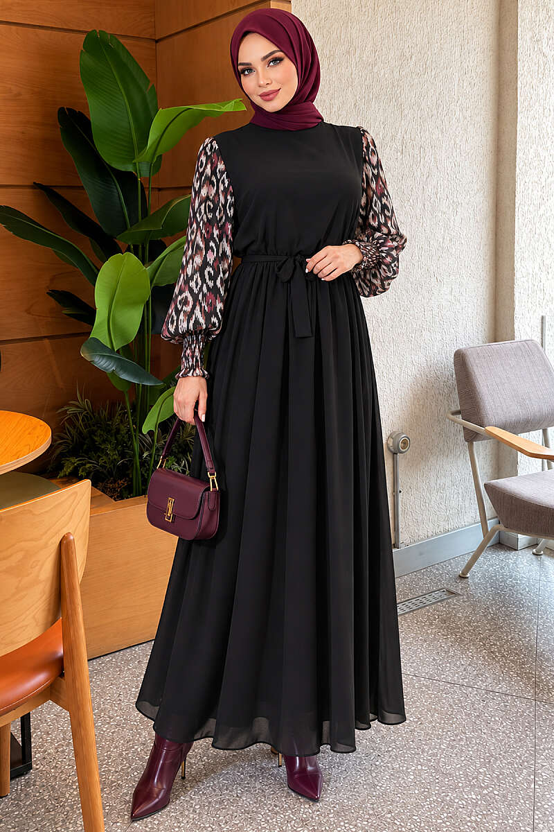 Patterned Chiffon Dress with Trimmed Sleeves - Purple
