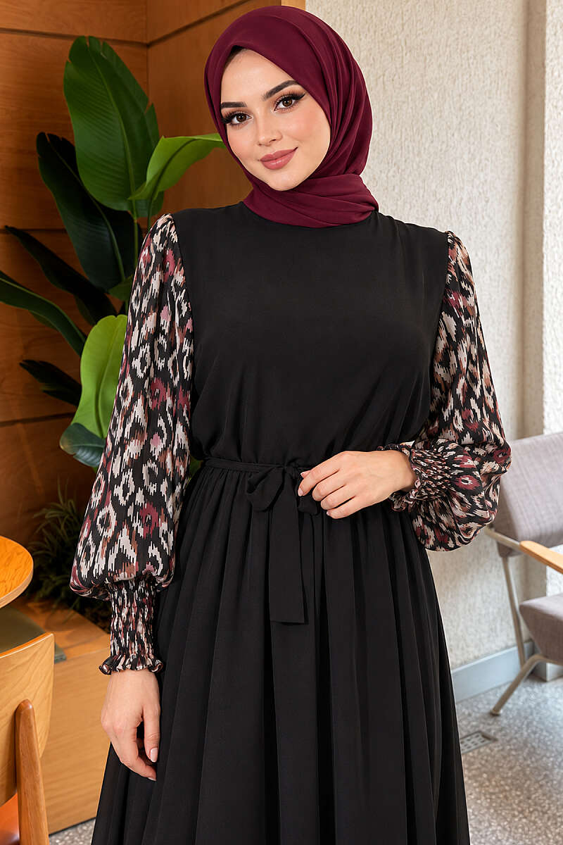 Patterned Chiffon Dress with Trimmed Sleeves - Purple