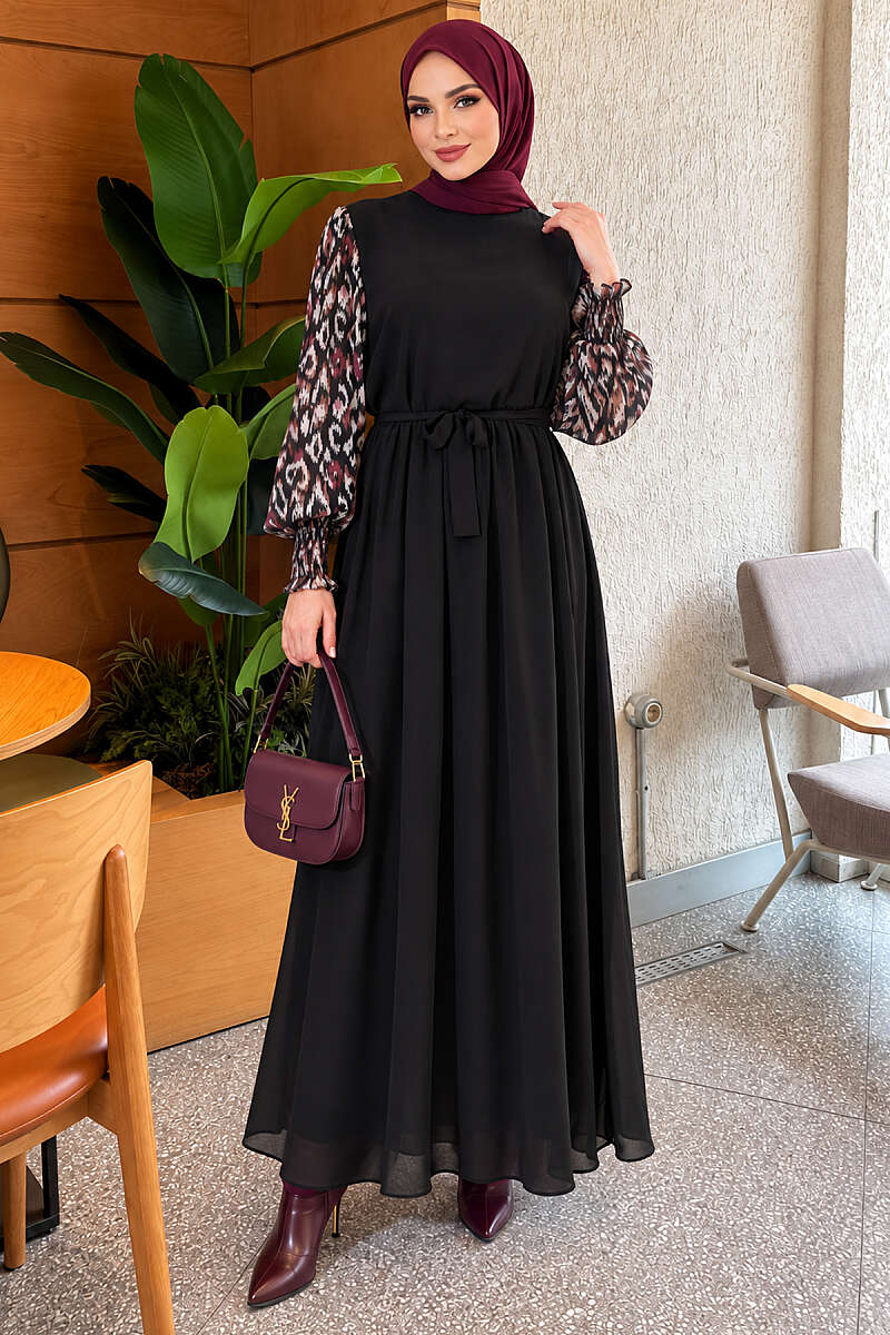 Patterned Chiffon Dress with Trimmed Sleeves - Purple