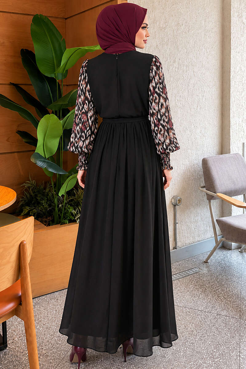 Patterned Chiffon Dress with Trimmed Sleeves - Purple