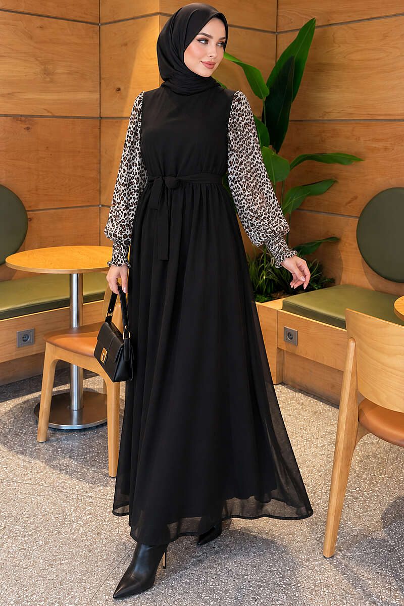 Patterned Chiffon Dress with Trimmed Sleeves - Black