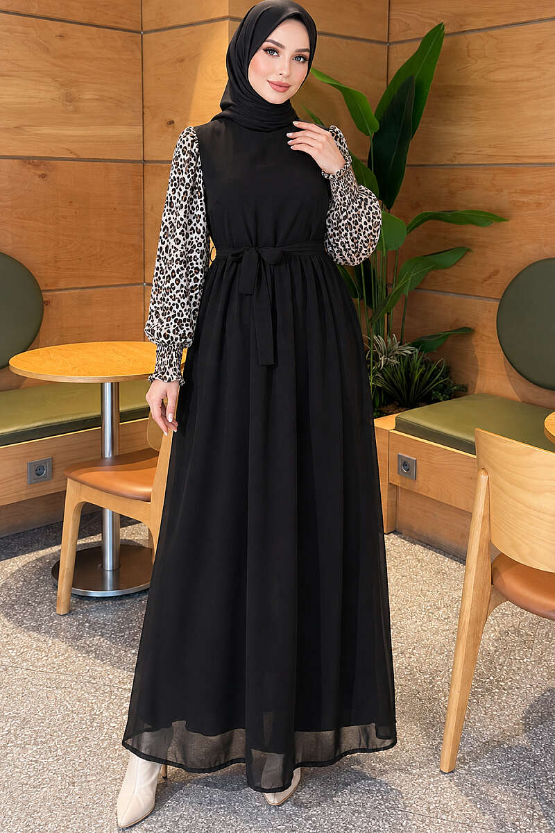 Patterned Chiffon Dress with Trimmed Sleeves - Black