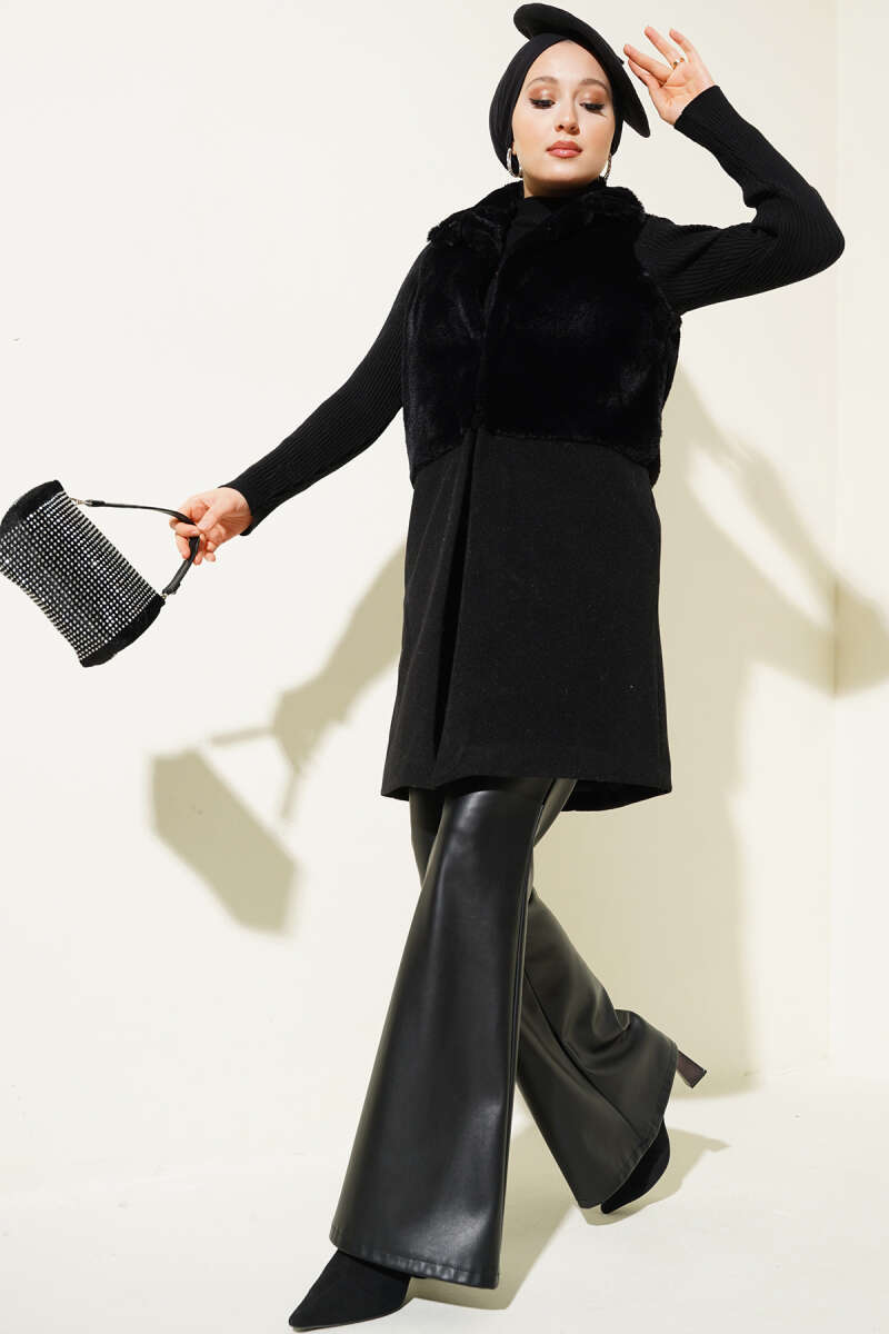 Plush Felt Vest with Trim - Black