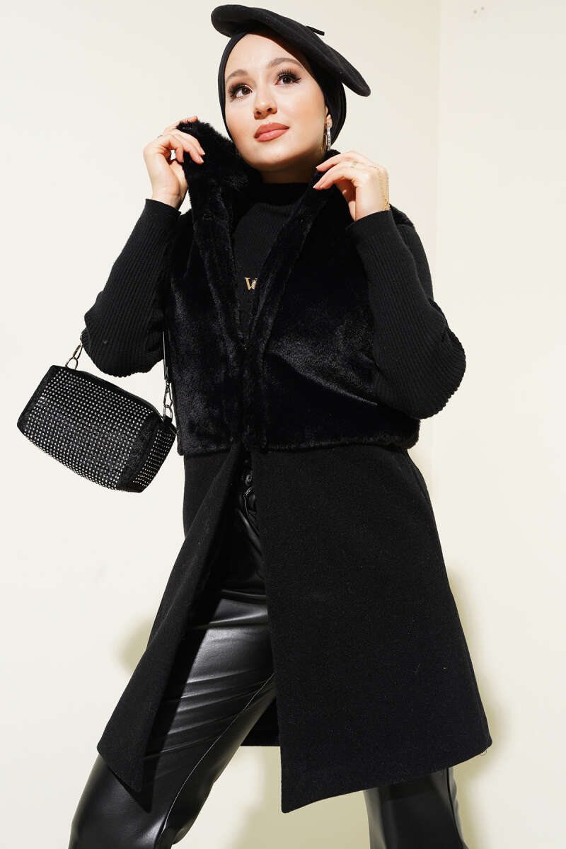 Plush Felt Vest with Trim - Black