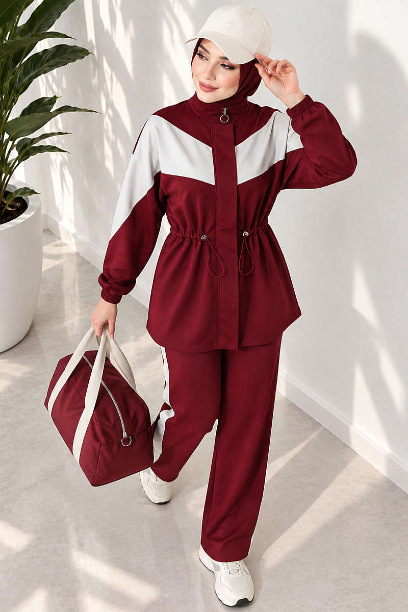 Two-Piece Set with Stripe Trim - Burgundy