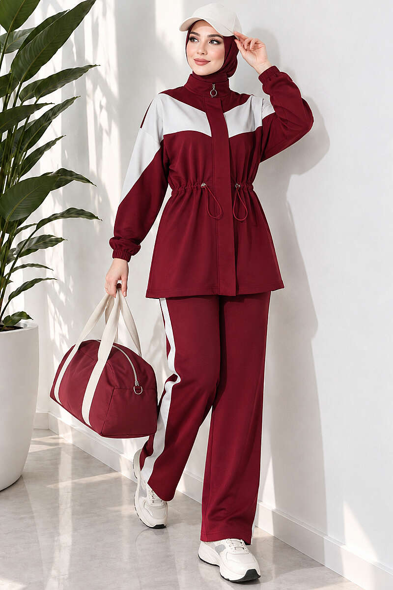 Two-Piece Set with Stripe Trim - Burgundy