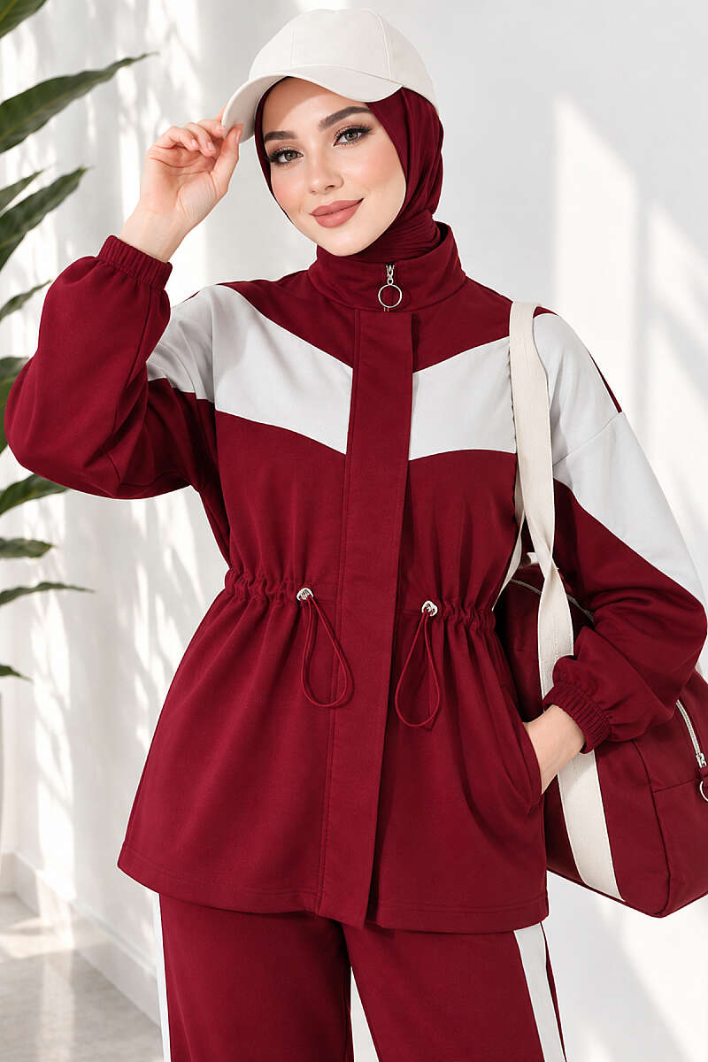 Two-Piece Set with Stripe Trim - Burgundy