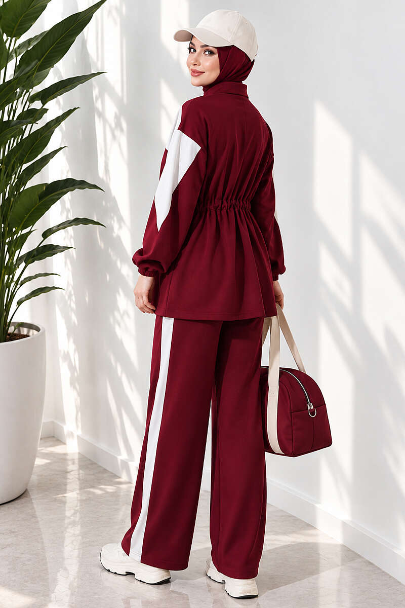 Two-Piece Set with Stripe Trim - Burgundy