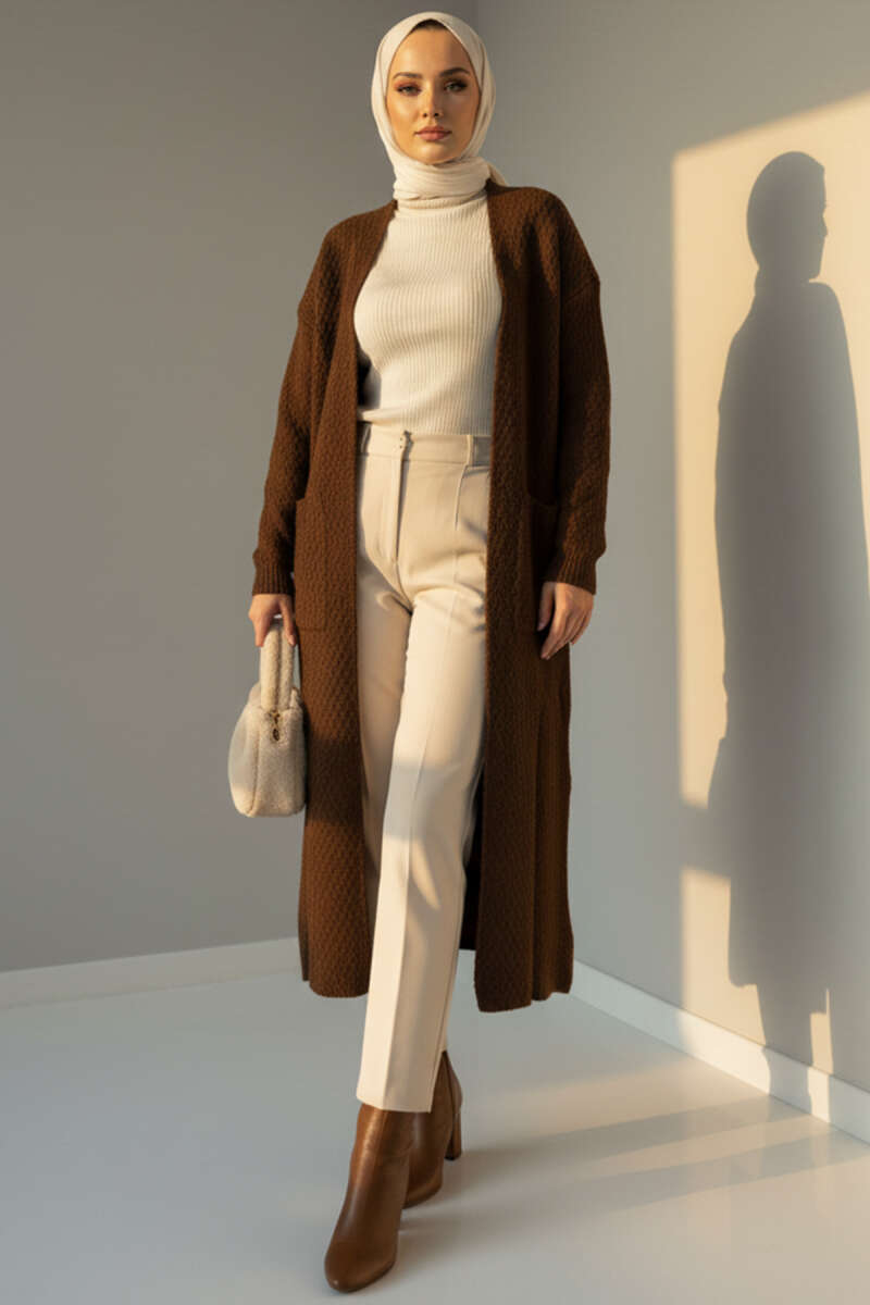 Long Knit Cardigan with Wide Pockets - Brown