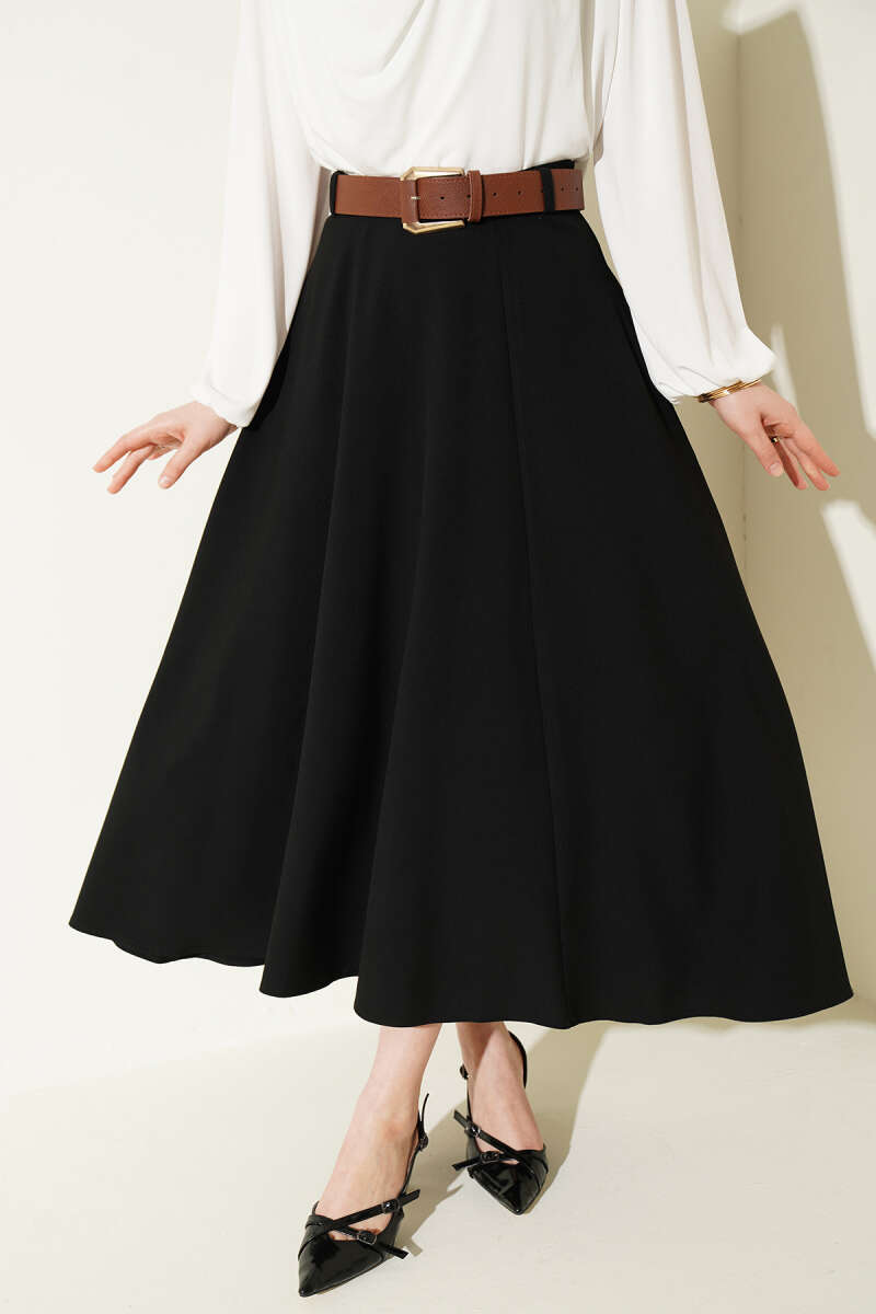 Wide-Belt Skirt with Waist Zip - Black