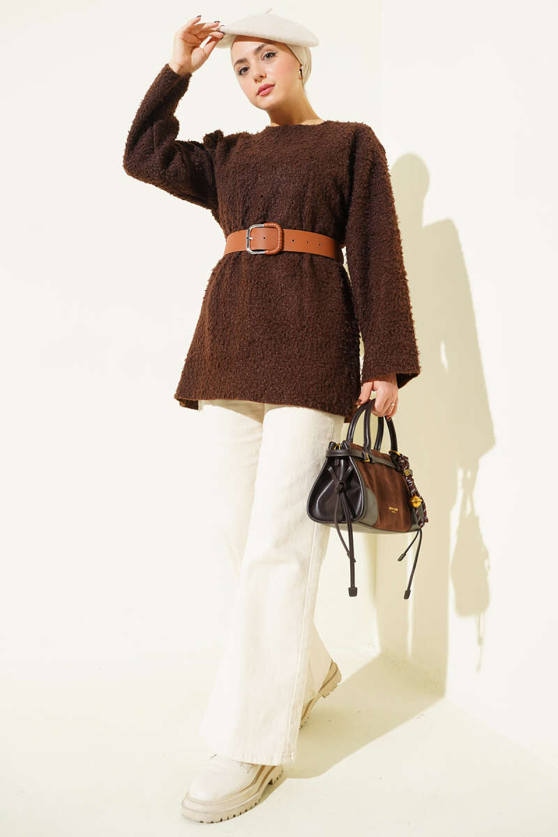 Wide-Belt Bouclé Tunic - Brown