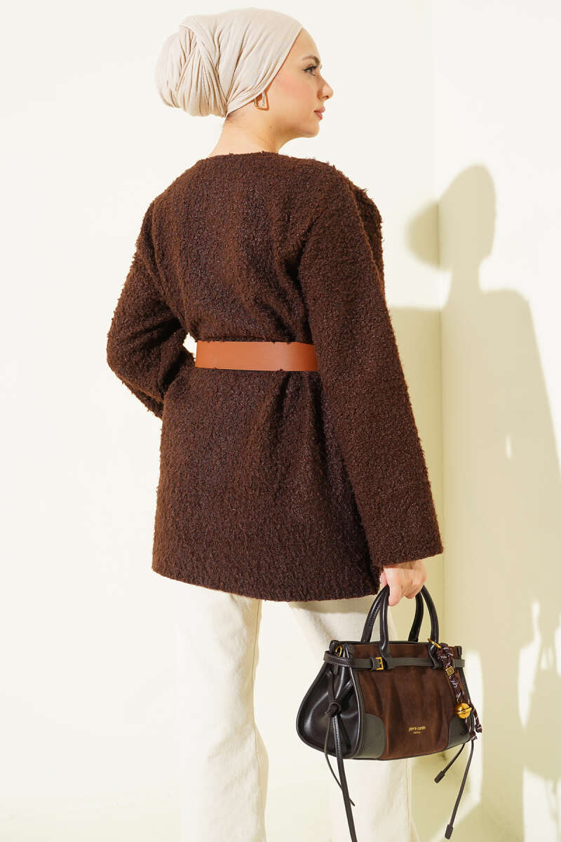 Wide-Belt Bouclé Tunic - Brown