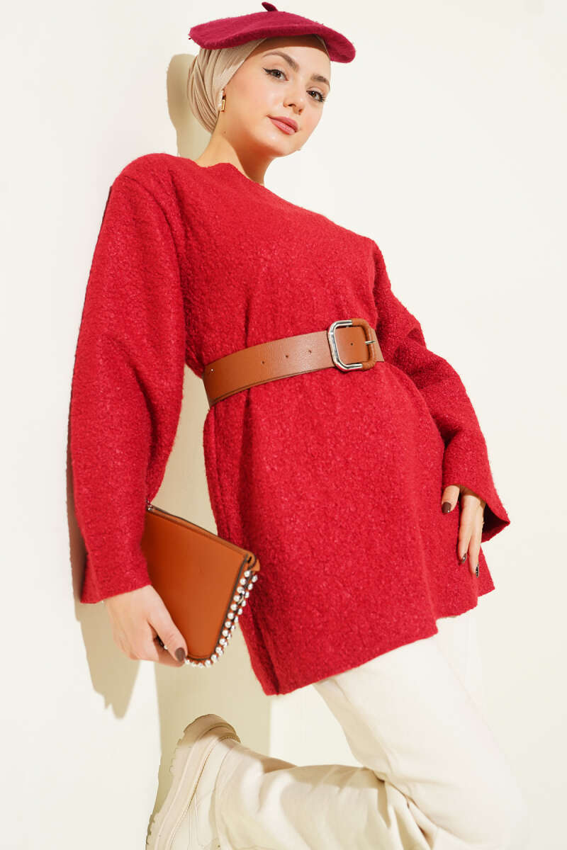 Wide-Belt Bouclé Tunic - Red
