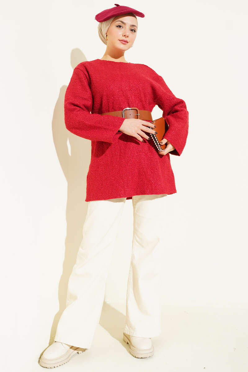 Wide-Belt Bouclé Tunic - Red