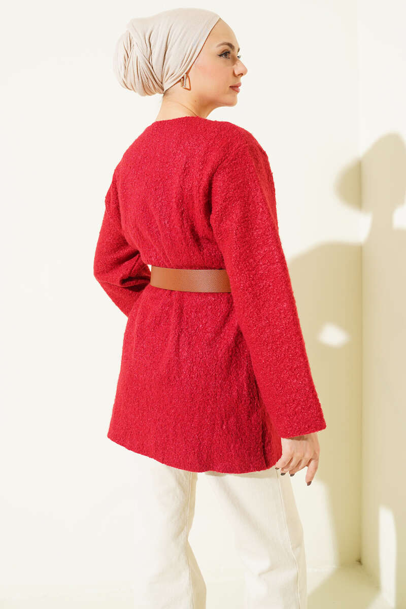 Wide-Belt Bouclé Tunic - Red