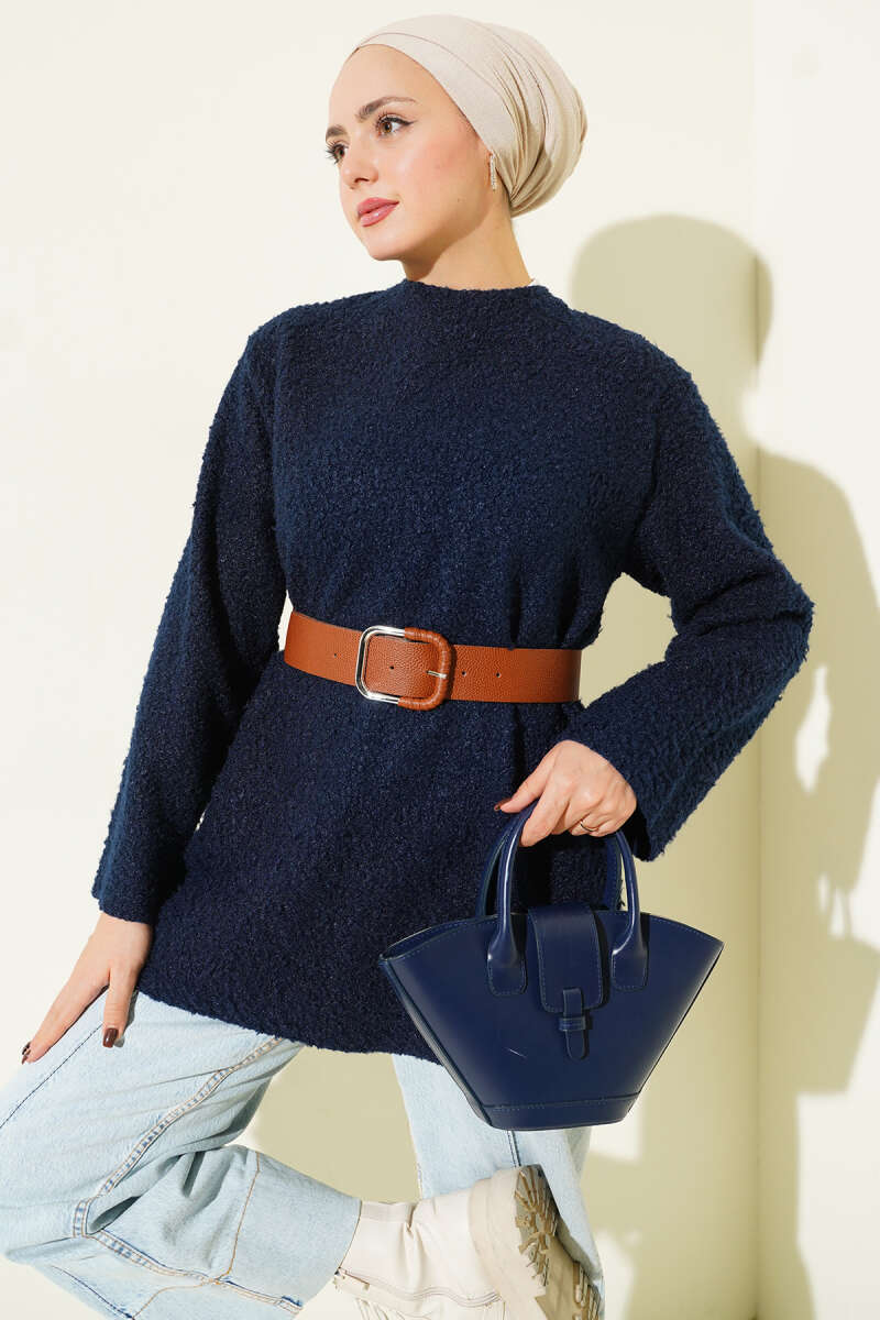 Wide-Belt Bouclé Tunic - Navy