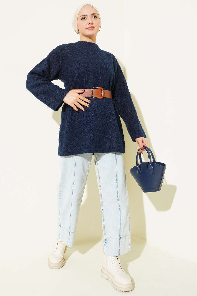 Wide-Belt Bouclé Tunic - Navy