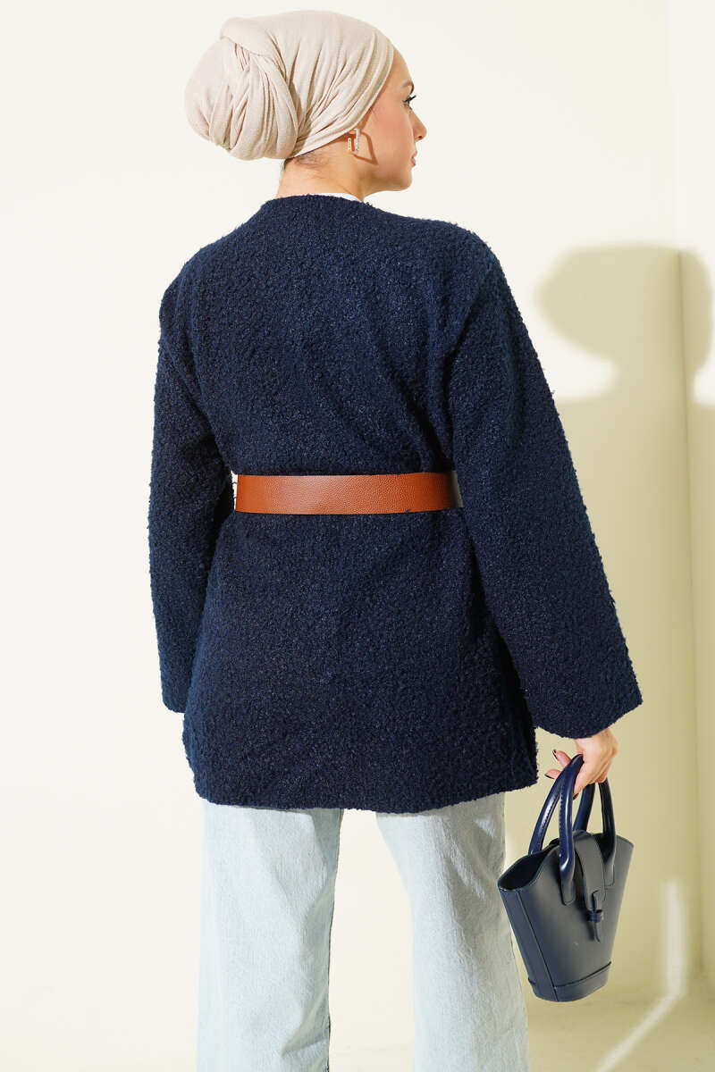 Wide-Belt Bouclé Tunic - Navy