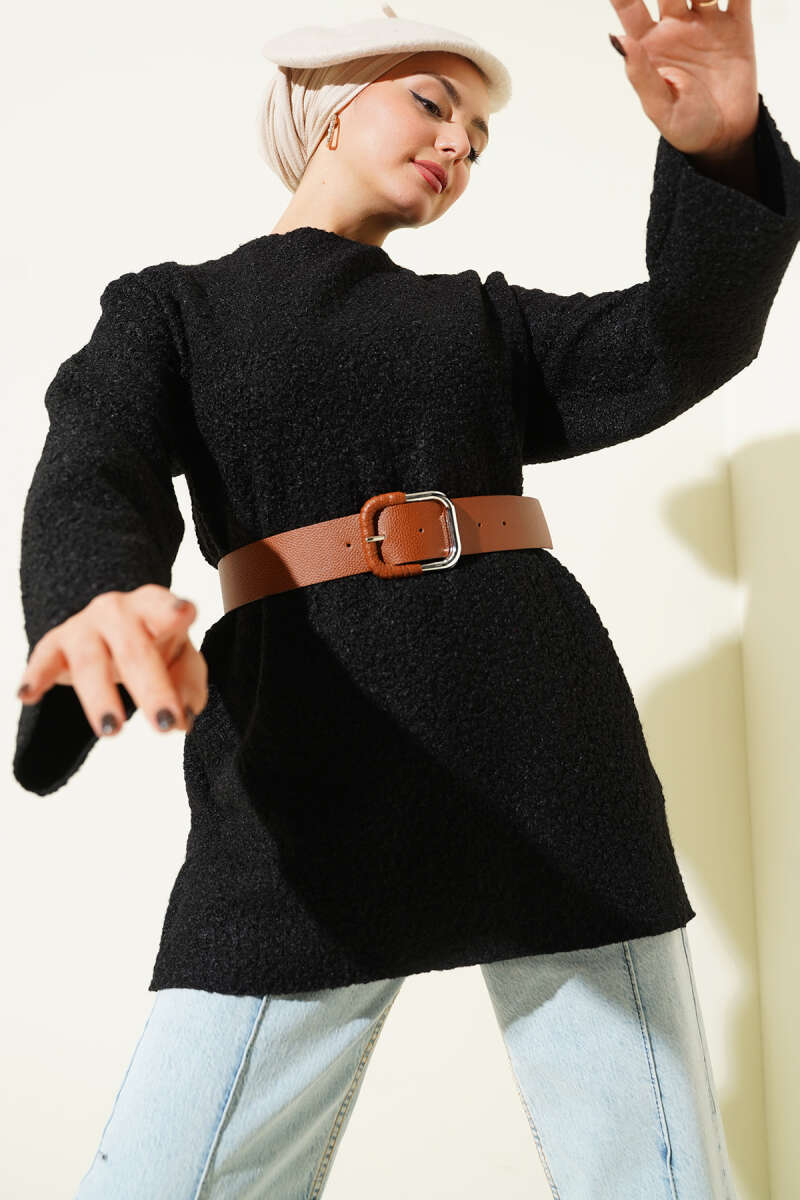 Wide-Belt Bouclé Tunic - Black