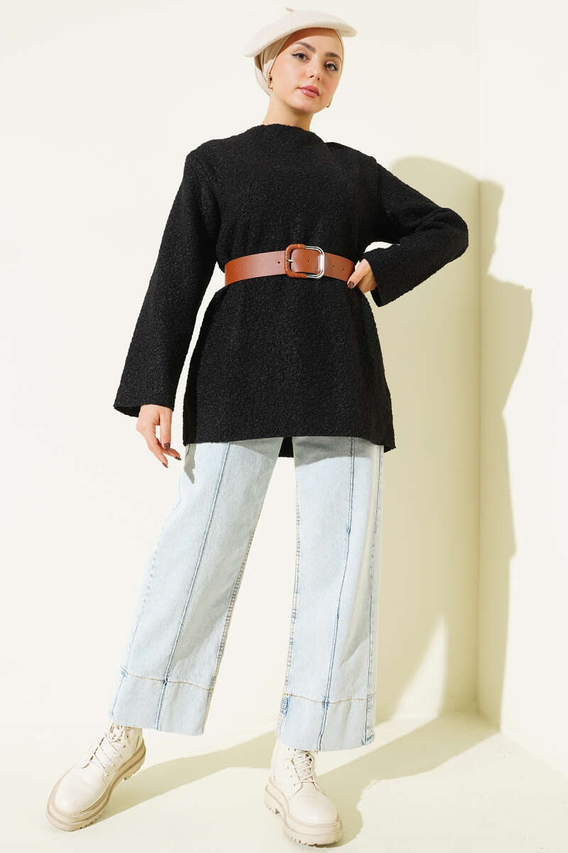 Wide-Belt Bouclé Tunic - Black