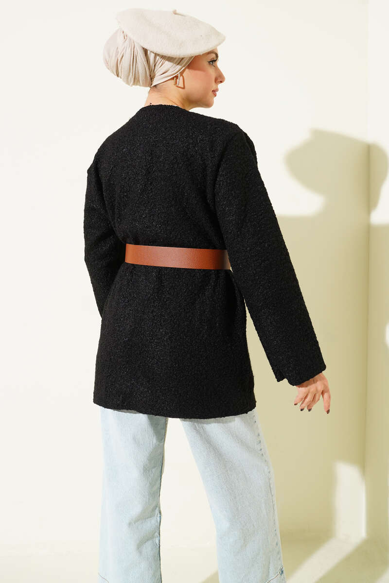 Wide-Belt Bouclé Tunic - Black