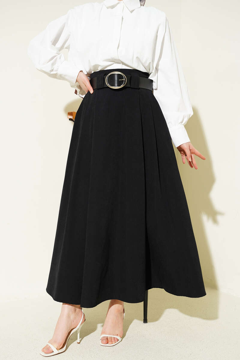 Wide-Belt Pleated Tencel Skirt - Black