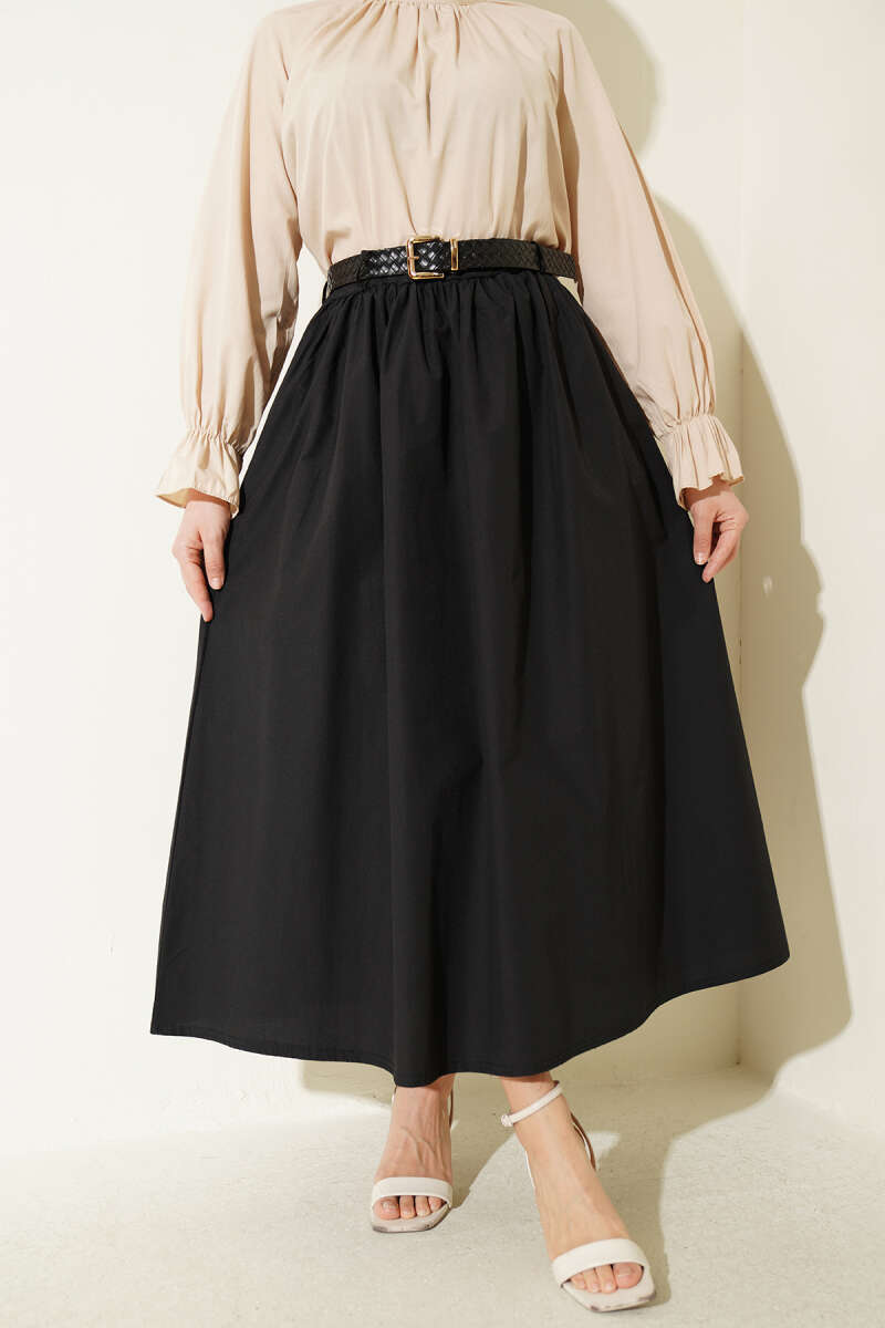 Wide-Belt Poplin Skirt - Black