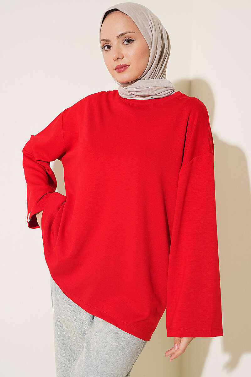 Wide-Sleeve Jersey Tunic with Emblem - Red