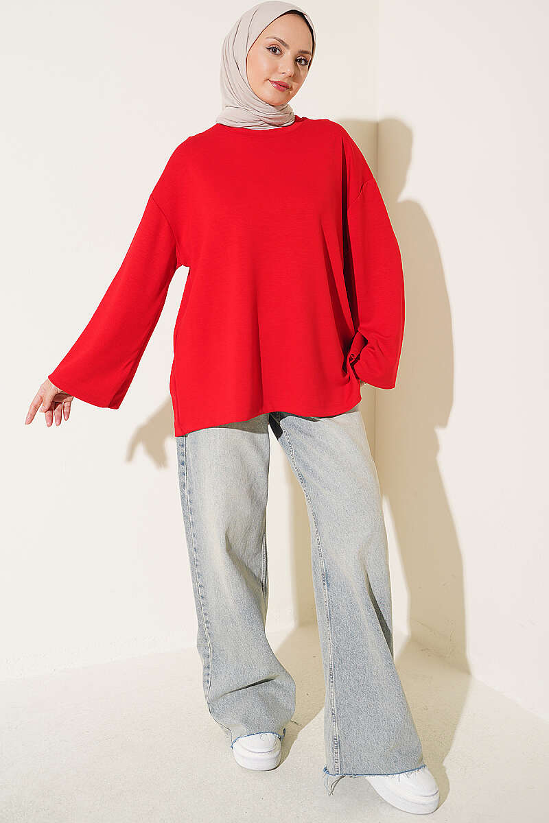 Wide-Sleeve Jersey Tunic with Emblem - Red