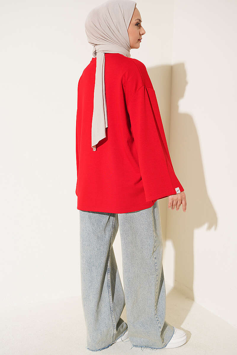Wide-Sleeve Jersey Tunic with Emblem - Red