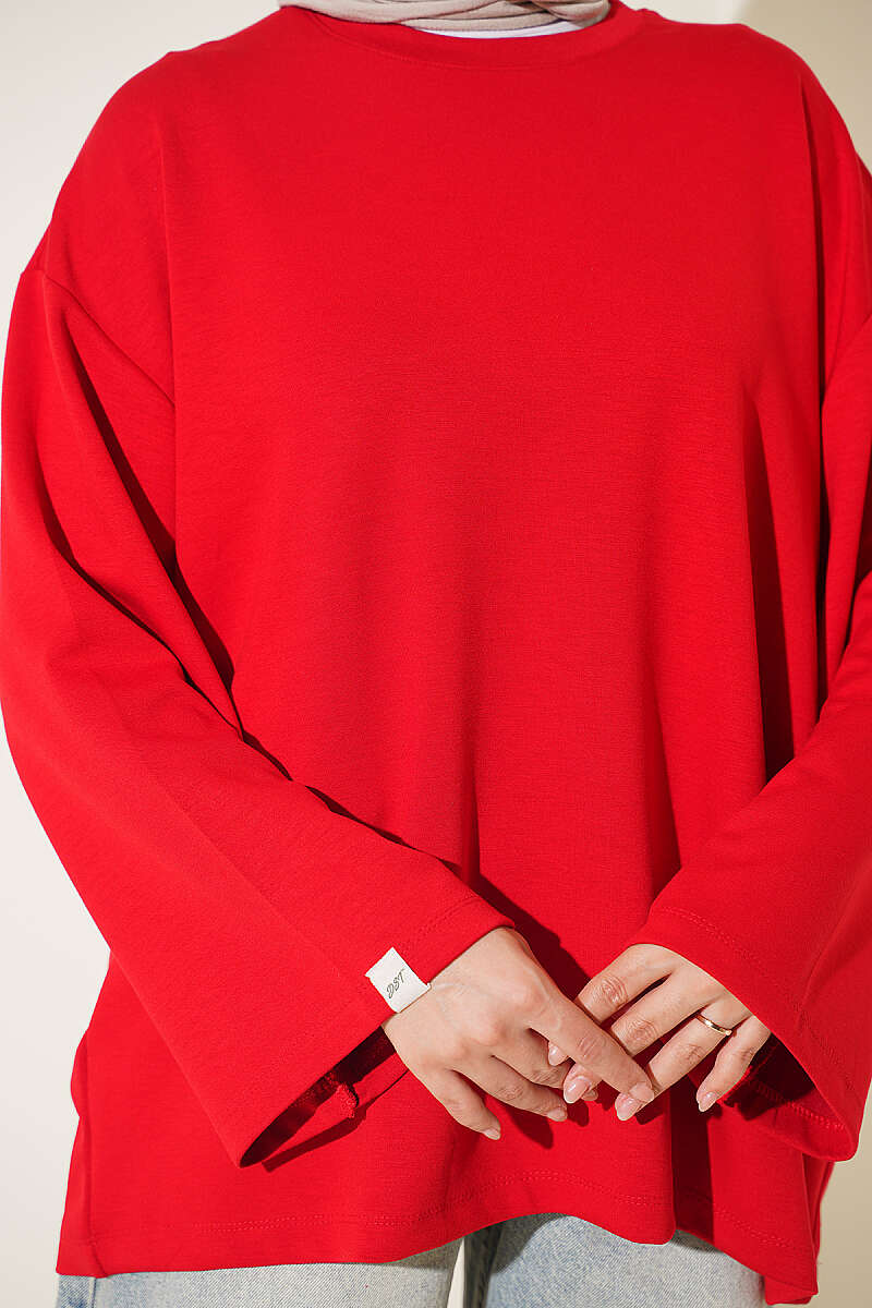 Wide-Sleeve Jersey Tunic with Emblem - Red