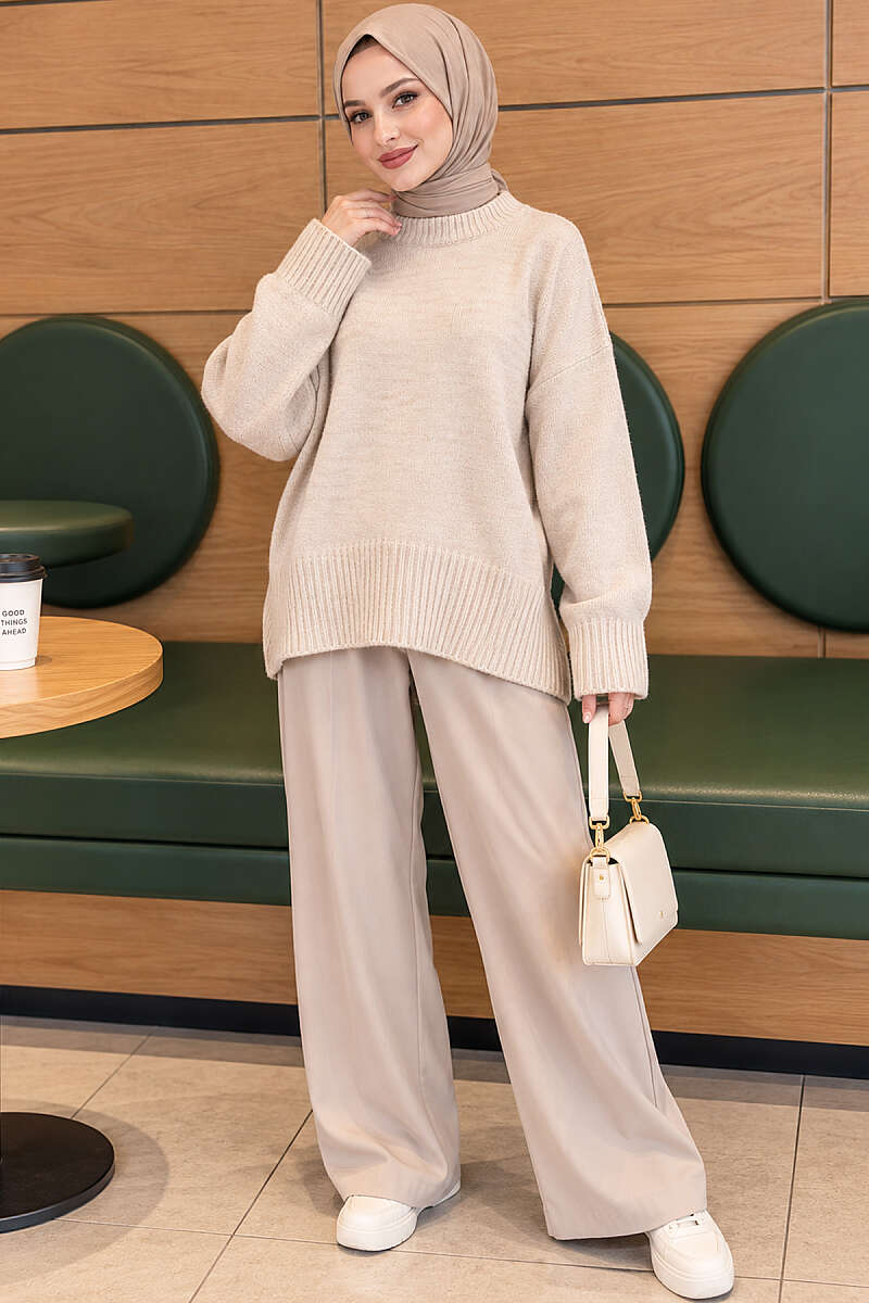 Wide-Sleeve Ribbed Knit Tunic - Beige