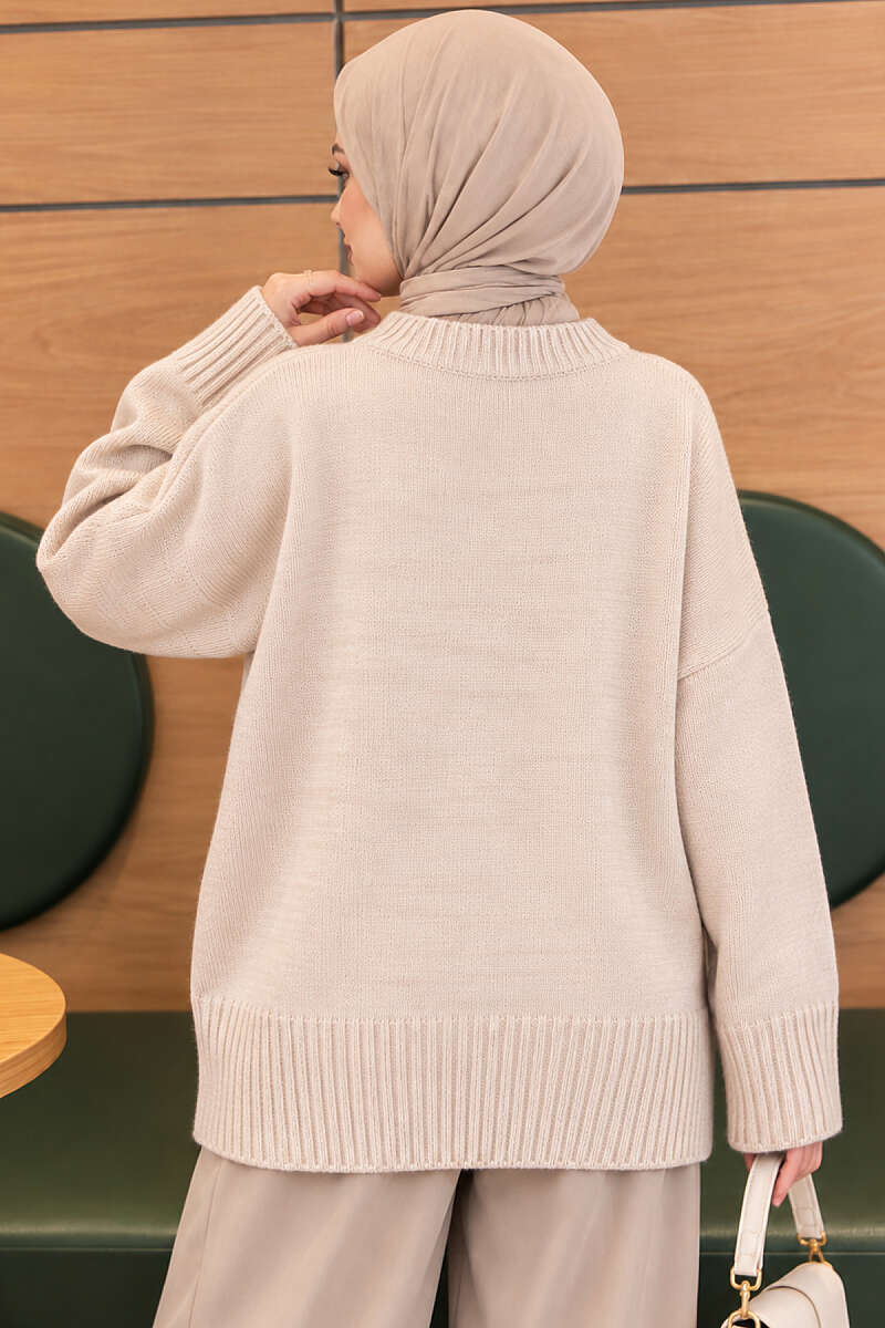 Wide-Sleeve Ribbed Knit Tunic - Beige
